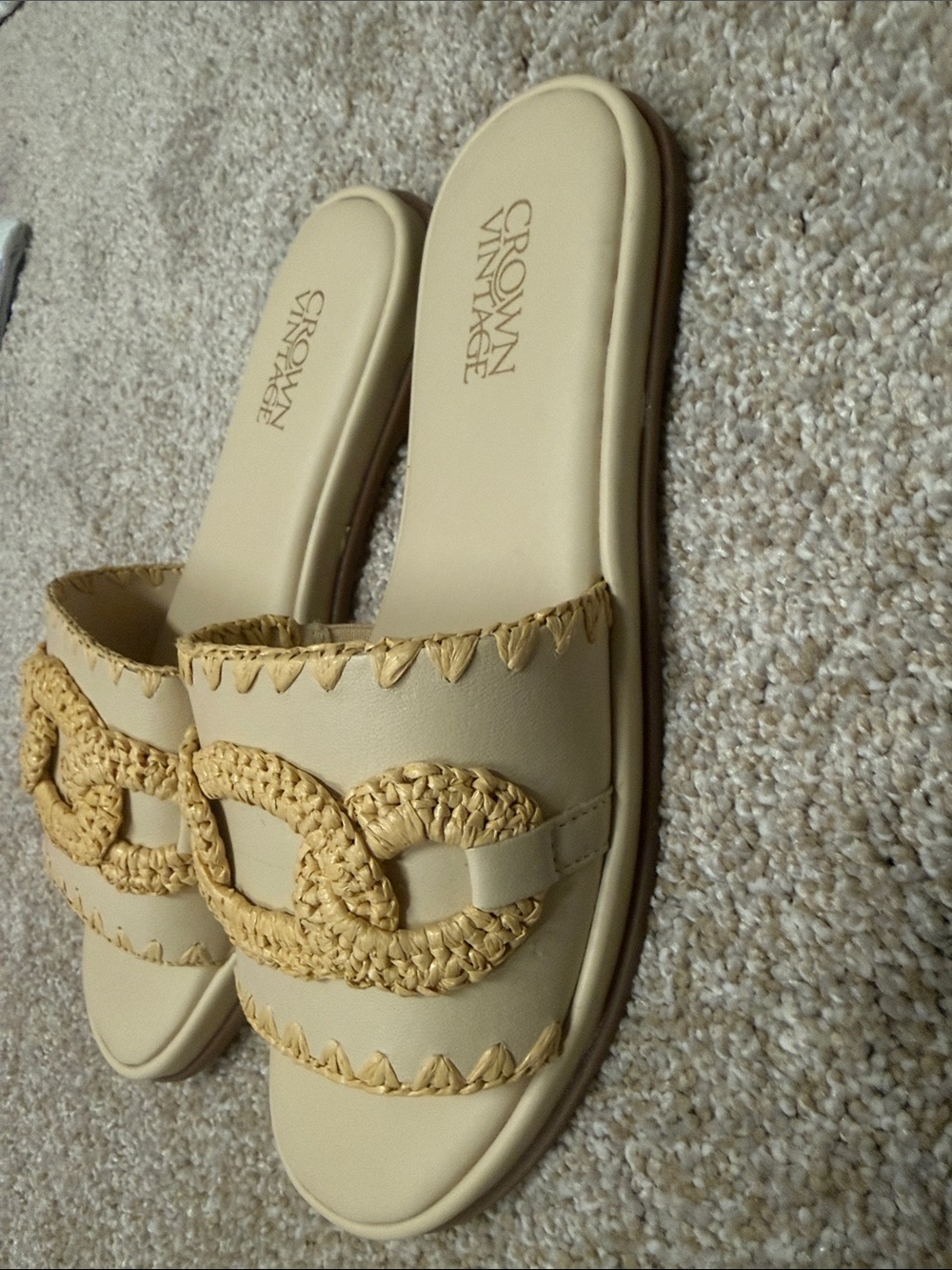 Crown Vintage Cream Slide Sandals with Woven Tan Chain like Detail - Picture 4 of 4